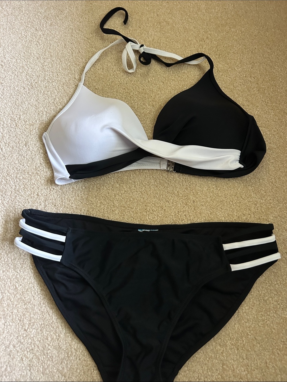 Black & White Two-Tone Halter Bikini Set - Women Swim